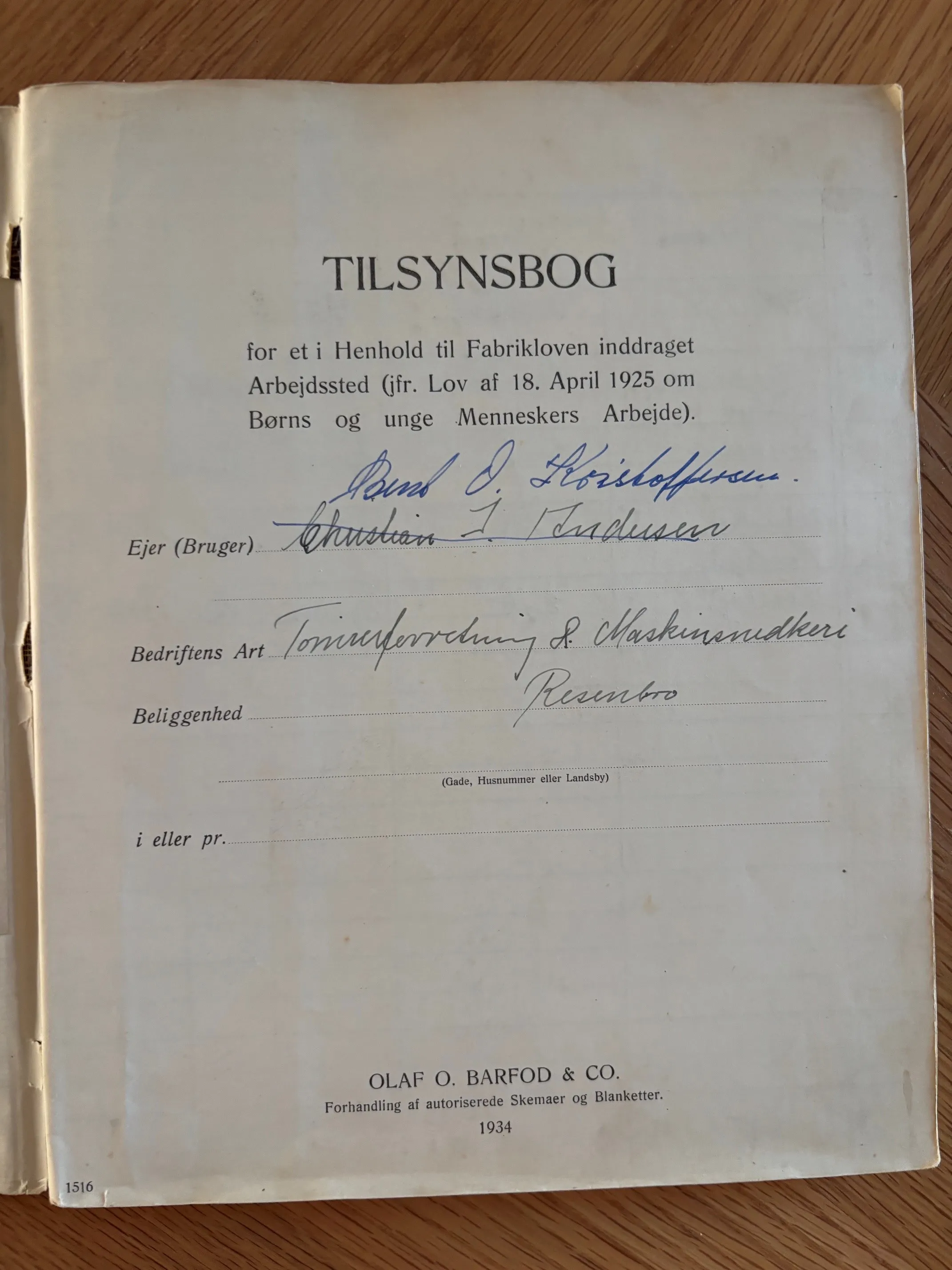Tilsynsbogens titelblad med oplysninger om ejer og virksomhed, dateret 1934