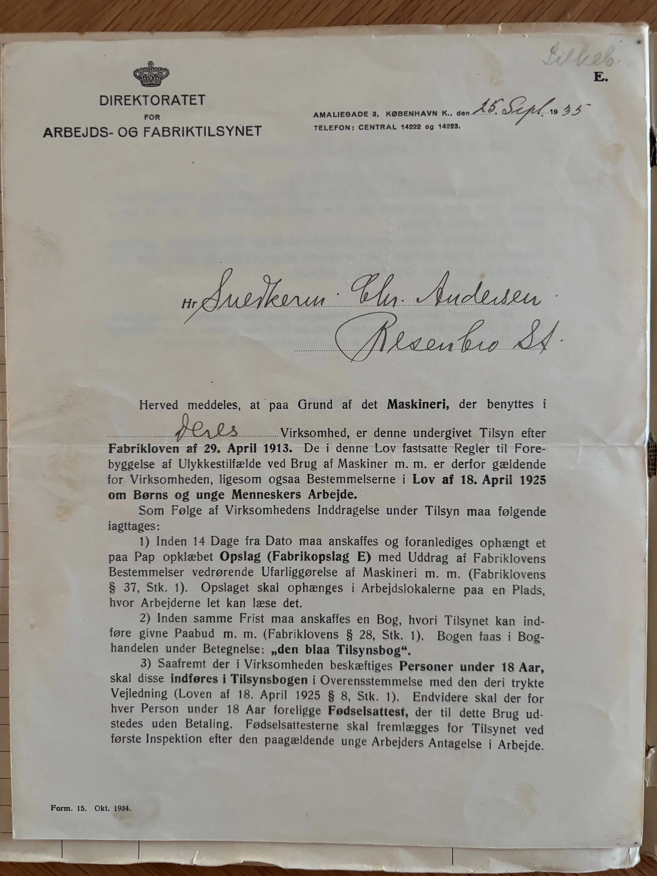 Brev fra Direktoratet for Arbejds- og Fabriktilsynet til en tømrermester i Resenbro, dateret 1935